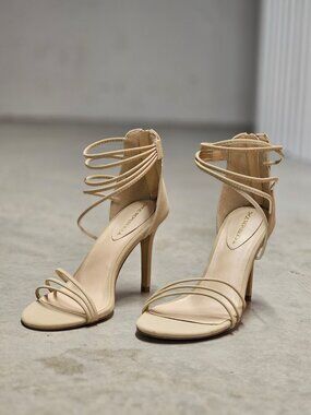 Strappy Natural Heeled Sandals With Zipper Back Closure Stiletto Heel Elegant De